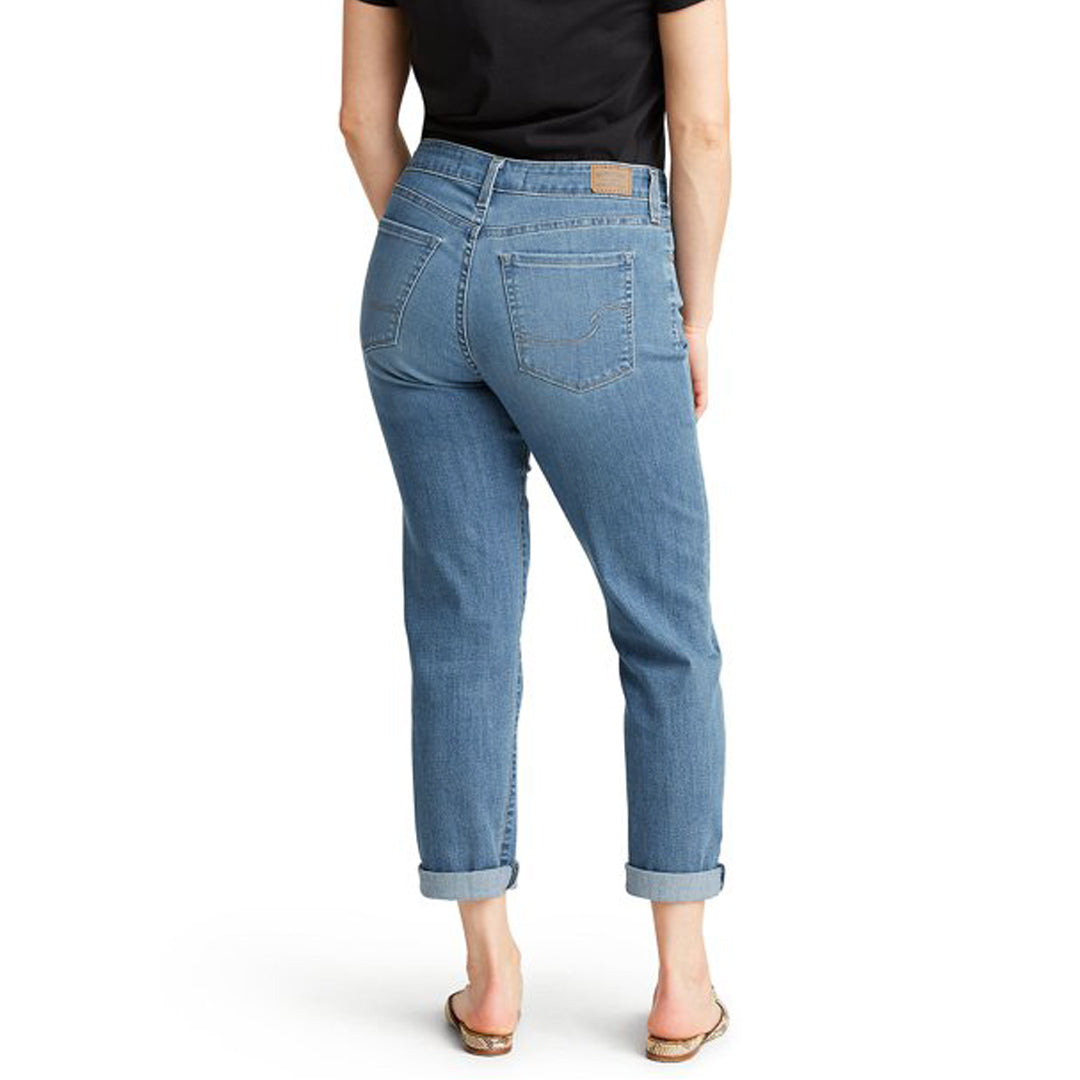 Women modern slim straight cuffed light blue stretchable jeans